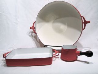 Vintage 3 Pc Set Dansk Designs Red Enamel Paella Casserole & Butter Sauce Pot
