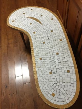 Mcm Kidney Shaped Mosaic White Pebble Tile Brass Trim Coffee Table