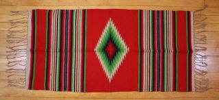 A Saltillo Blanket Mexico Green Red Vtg Wool Southwest Woven Runner Rug 46 X 22 "