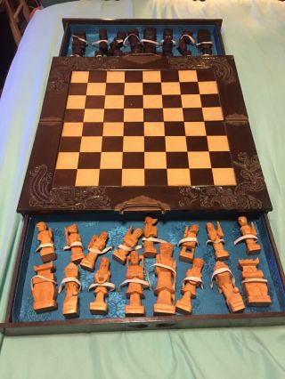 Antique Asian Chinese Chess Board Set Hand Carved Wood Chest Ornate Artwork 2