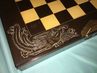 Antique Asian Chinese Chess Board Set Hand Carved Wood Chest Ornate Artwork 3
