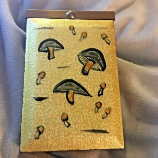 Vintage Cigarette Case Gold Metal With Enamel Front Hand Painted Mushrooms