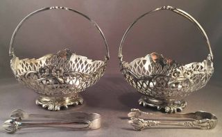 Antique English Sterling Silver Sugar Cube Baskets Dated 1906 With Tongs