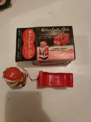 Vintage Christmas Wind - Up Walking Santa Claus With Sleigh Plastic