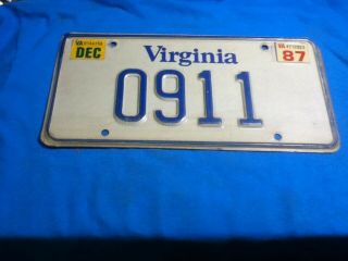 License Plate Tag Virginia Va Vanity Personalized 1987 0911 Vintage Rustic Usa