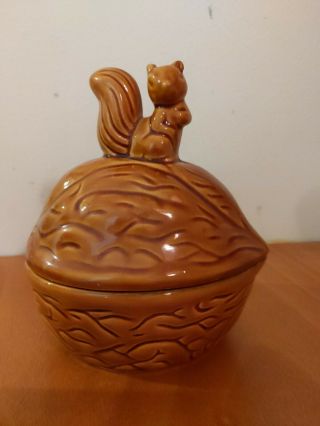 Vntg.  Ceramic Squirrel Walnut Nut Bowl Canister Cookie & Candy Dish Fall Holiday