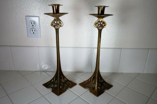 Art Nouveau Cast Brass Candlesticks (Austrian Jugendstil) (15 Inches) 2