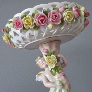 Antique Dresden Hp Porcelain Compote Winged Cherub Encrusted Roses Schierholz