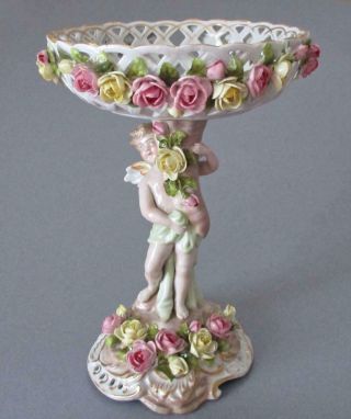Antique DRESDEN HP Porcelain COMPOTE Winged CHERUB Encrusted ROSES Schierholz 2