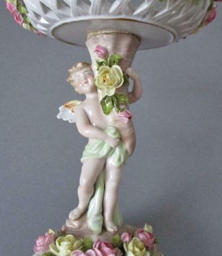 Antique DRESDEN HP Porcelain COMPOTE Winged CHERUB Encrusted ROSES Schierholz 3