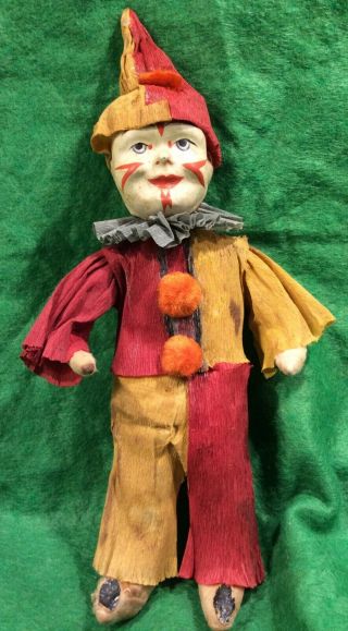 Large Antique German Cotton Batting And Crepe Paper Clown Christmas Ornament