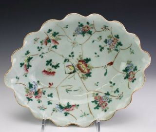 Vtg Chinese Export Floral Blossom Famille Rose Celadon Porcelain Bowl Dish Sms