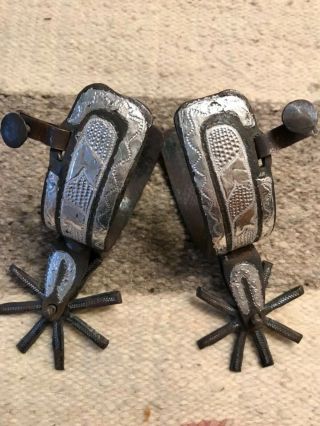 Vintage Antique Hand Forged Mexican Charro Spurs - 3” Rowels.  Silver Inlay.