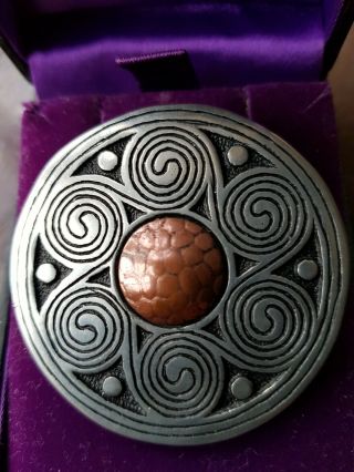 Vintage St Justin Cornwall Pewter & Copper Celtic Design Brooch Pin Boxed