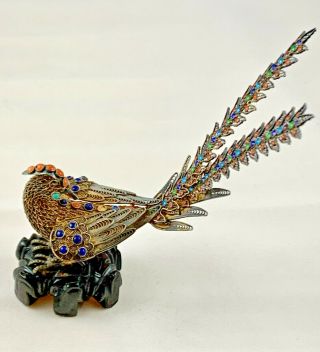 Antique Chinese Sterling Silver Filigree & Enamel Peacock On Wooden Base