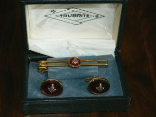 Trubrite Vintage Masonic Cufflinks Tie Pin Box Gold Plated U.  S.  A.  Vgc.