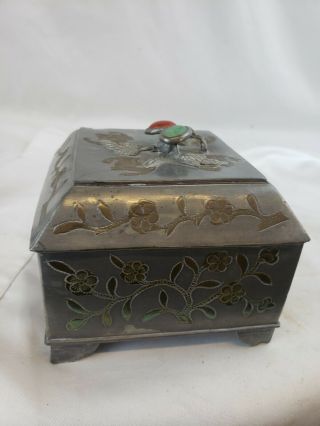 Antique Chinese Pewter Box,  Decorated With Stones