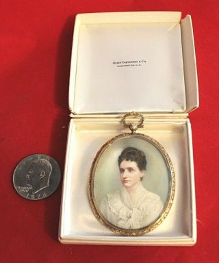 Antique Miniature Hand Painted Portrait Woman Gold Oval Frame Mil To Fred French