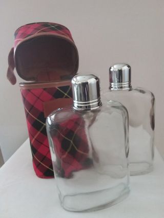 3 Piece Vintage Plaid Travel Case Holds 2 Glass Flasks With Silver Tops.