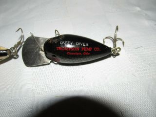 2 EARLY TULSA TACKLE DIZZY DIVER LURES,  ONE ADVERTISING THOMPSON PUMP CO. 3