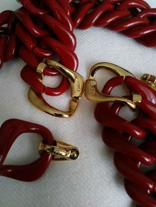 Vintage Trifari Red Plastic Chain Parure Set Necklace Bracelet Clip on Earrings 3