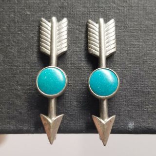 Vtg Silver Tone Arrow Turquoise Blue Colored Stone Screw Back Earrings Pair