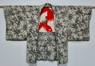 JAPANESE KIMONO SILK ANTIQUE HAORI / VERY RARE / CRANE LINING / VINTAGE /572 3