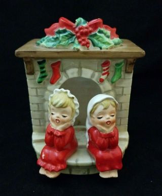Vintage Lefton Christmas Fireplace Children Boy & Girl Votive Candle Holder 5986