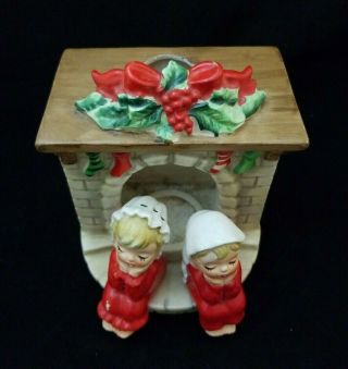 Vintage Lefton Christmas Fireplace Children Boy & Girl Votive Candle Holder 5986 2