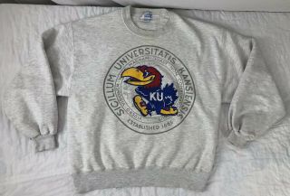 Vtg Kansas Jayhawks Sweatshirt Ku Large Emblem Gray Embroidered Logo Jerzees