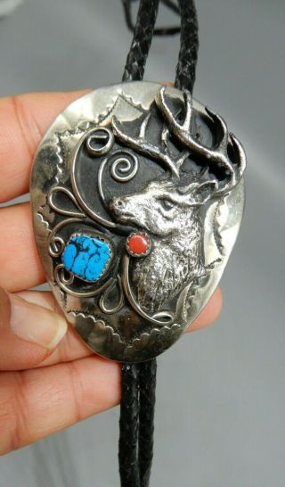 Unique Vintage Sterling Silver Bolo Tie Large Elk With Turquoise And Coral