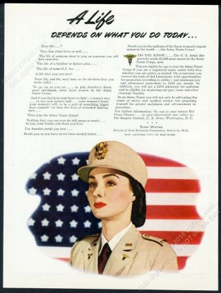 1945 Us Army Nurse American Flag Color Photo Corps Recruitment Vintage Print Ad