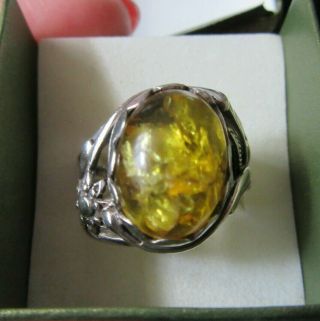 Vintage Ring Art Nouveau Style Sterling Silver Amber Size Q 7.  1 Gm