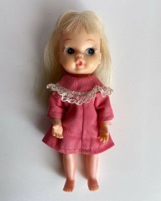 Vintage My Toy Co.  1966 Japan Tiny Terry Rubber Doll 6” Blonde Hair Pink Dress