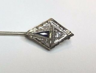 Estate,  Vintage 14k White Gold Art Deco Sapphire Diamond Filigree Stick Pin