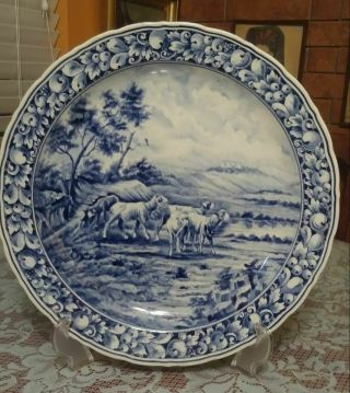 Antique Royal Bonn Blue And White Delft Pastoral Charger With Sheep,  Signed