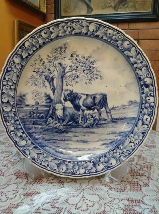 Antique Royal Bonn Blue And White Delft Pastoral Charger With Cows,  Signed