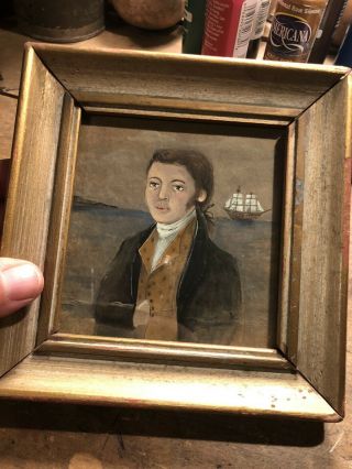 Early Primitive Portrait Wavy Glass Old Frame Sweet Painting