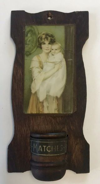 Antique Black Forest Carved Wood Wall Plaque Match Holder Art Deco Woman Baby