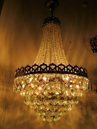 Antique Vnt French Huge Crystal Chandelier Lamp Lustre 1940 