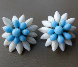 Vintage Blue White Glass Bead Flower Clip On Earrings 1950s - R121