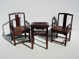 Old Chinese Carved Doll House Miniature Wood Table & Chair Set