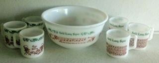 Vintage Hazel Atlas Milk Glass Tom & Jerry Bowl,  6 Mugs/cups,  Auld Lang Syne