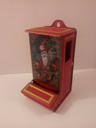 Vintage Old Christmas Santa Red Metal Tin Matchstick Dispenser Wall Mount.