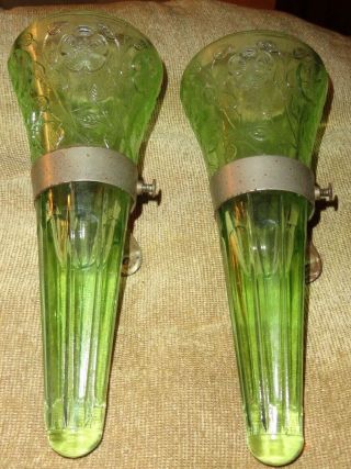 Antique Automobile Car Green Vaseline Glass Flower Vase With Brackets