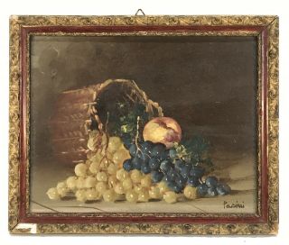 Vintage Still Life Fruit Oil Painting On Wood Grapes Peach Frame Signed