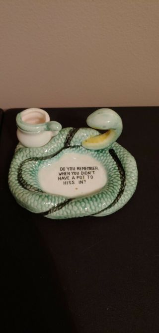 Vintage Ceramic Red Eyed Snake Ashtray & Match Holder 
