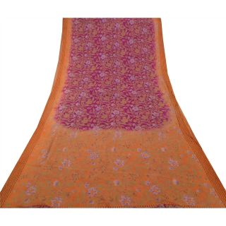 Sanskriti Vintage Purple Saree Pure Chiffon Silk Printed Sari 5 Yd Craft Fabric 3