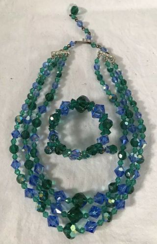 Vintage Blue Green Ab Aurora Borealis Triple Strand Glass Necklace W/ Bracelet
