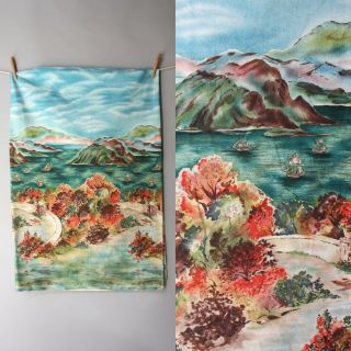Vintage 1950s Novelty Print Fabric " Romantic Gardens " 50s Cotton 2.  5,  Yards